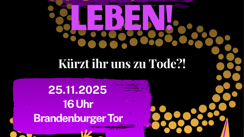 Auf dem Plakat sind demonstrierende Personen in lila und orange zu sehen. 
