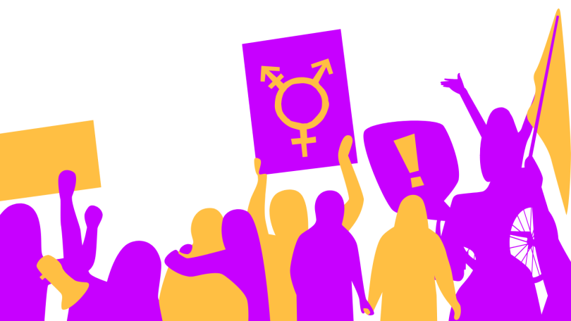 eine Menge von gezeichneten Personen protestiert. Auf den Demoschildern ist das Symbol für Feminismus zu sehen. Die Farben lila und orange stehen symbolisch gegen Gewalt an Frauen. 